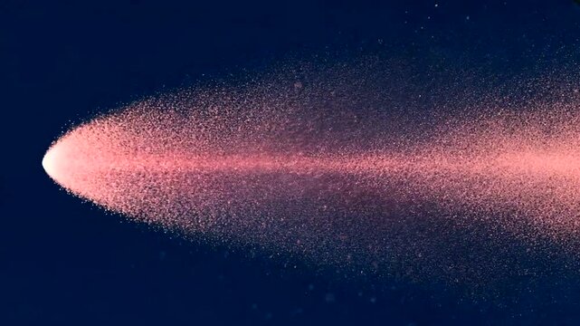 A pinkish glowing trail of particles against a dark blue background, resembling celestial objects