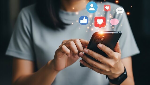 Person holds a smartphone while popular social media application icons float above the screen.