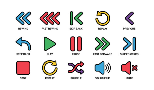 Colorful media icons: rewind, play, pause, volume, shuffle, repeat