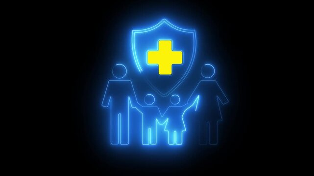 Neon glowing family icon in frame covering protect. Health insurance and medical welfare concept. Future healthcare planning.