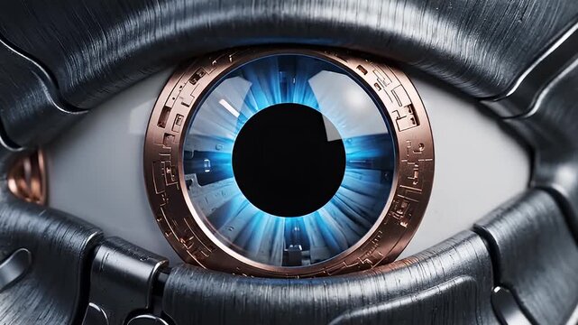 Cybernetic eye with luminous blue iris and brushed metal casing
