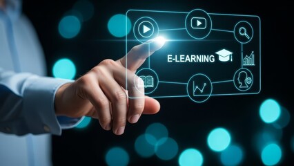 Fototapeta premium Person's finger points to an interactive e-learning interface with multiple educational and media icons.