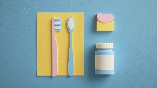 A colorful arrangement of toothbrushes and toothpaste on a blue background with yellow and pink accents