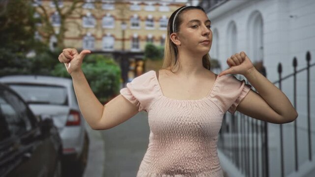 Woman thumbs pointing to chest on street with parked cars, metal railings and townhouse facades, wearing pink top and headband; confidence affirmation.