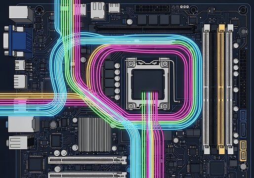 Colorful Neon Routing on Computer Motherboard
