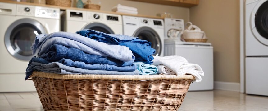 Basket full of clean or dirty clothes in public laundry interior