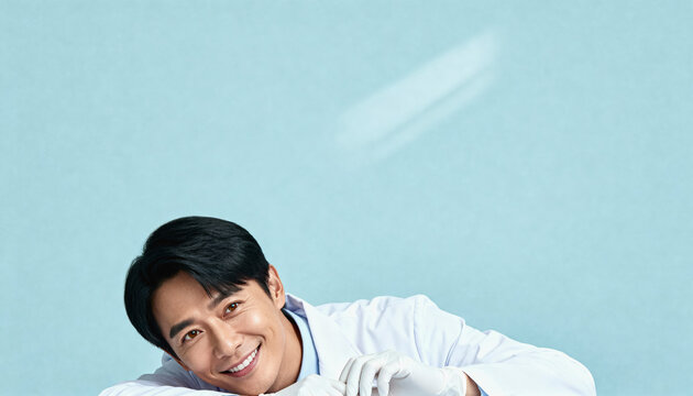 Professional asian male doctor with sleek black hair smiling in modern medical setting. ideal for healthcare design and professional medical branding.