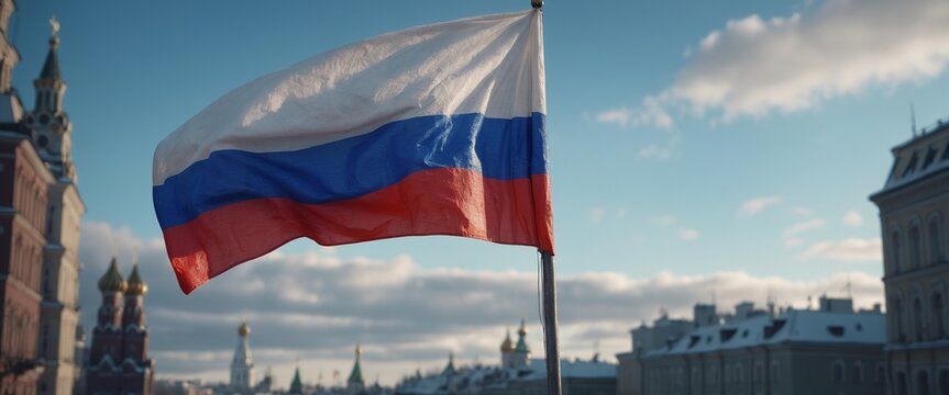Rusian flag waving in the air.