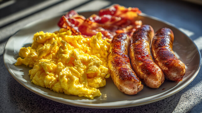 sausages on a plate with scrambled eggs and bacon , kitchen breakfast, morning sunlight.