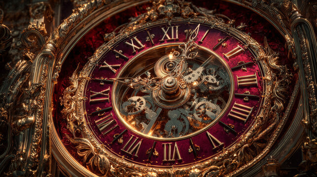 Ultra detailed antique luxury clock, massive ornate gold Roman numeral dial.