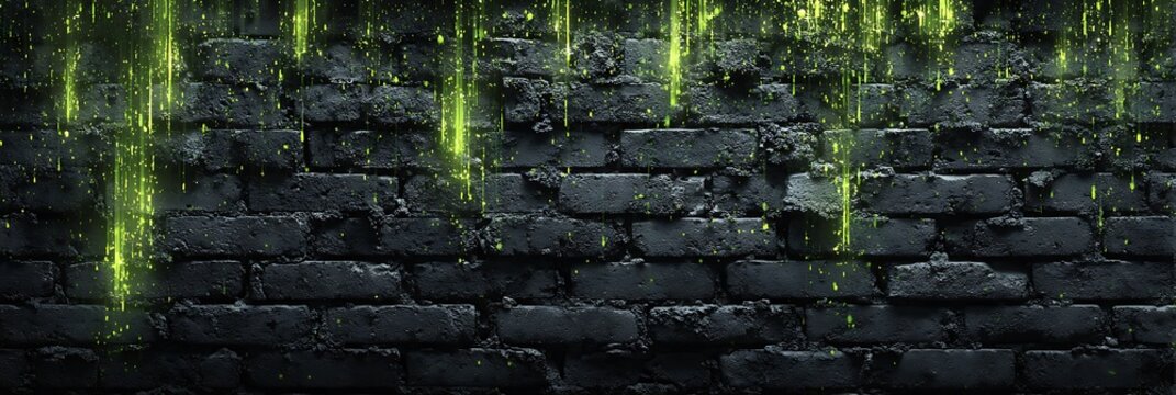 Dark Textured Brick Wall Background with Glowing Green Toxic Drip and Neon Light Effects, Gritty Industrial Urban Decay Aesthetic for Cyberpunk and Sci-Fi Designs
