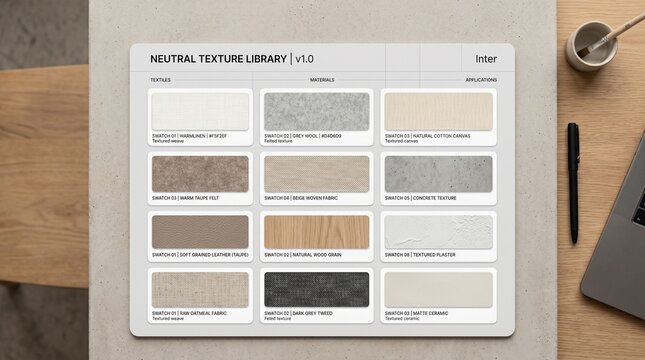 A neutral texture library with various materials on a desk