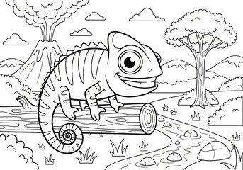Fototapeta premium Chameleon on log volcano background coloring page