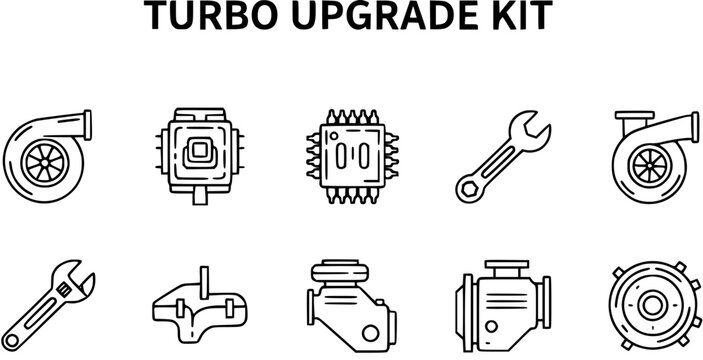 Automotive Turbo Upgrade Kit Line Icons. Vehicle Engine Performance Parts, ECU, and Mechanic Tools Outline Set. Car Tuning and Upgrade Concept.