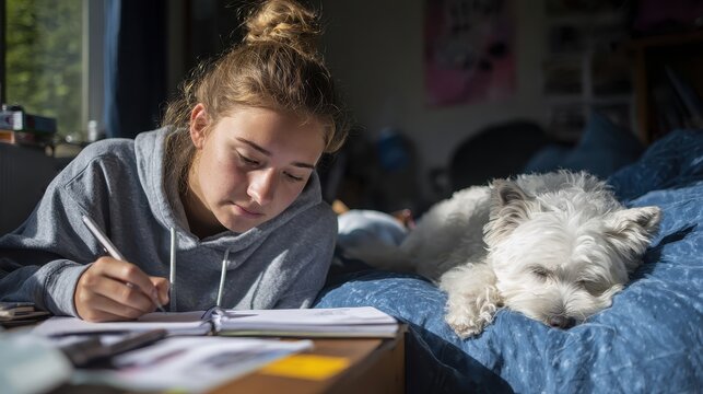 A girl writing in a book with a dog