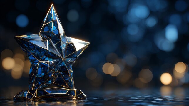 A shiny blue star award with gold accents sits on a reflective surface with a blurred background of lights.