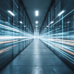Obraz premium Futuristic Data Center Corridor with High Speed Motion Blur Light Trails Representing Cloud Computing Network Connectivity Digital Transformation and Big Data Storage