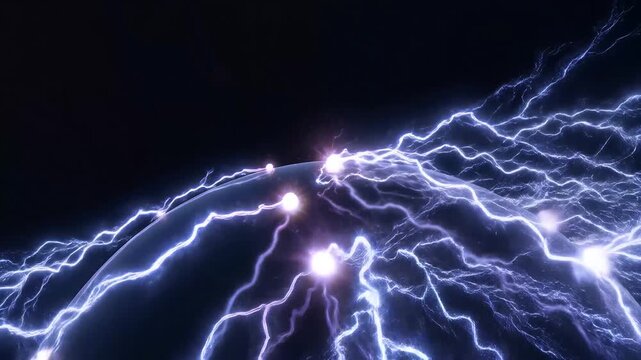Dynamic electric lightning strikes pulsing around a dark glowing sphere with cascading energy arcs, representing power, transformation, and futuristic technology