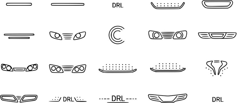 Automotive DRL and Headlight Icons: Black and White Line Art Set