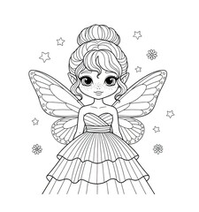 Fototapeta premium Cute fairy with butterfly wings, sculpted hair bun, and tiered dress, line art for coloring