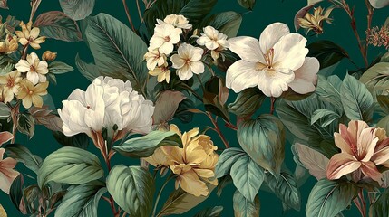 Naklejka premium Vibrant flowers, leaves, and stems create a busy plant design on a green base. White, yellow, and cream shades appear in this repeatable artwork.
