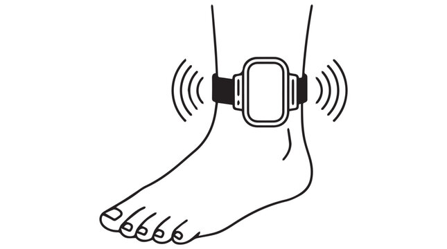 Wireless ankle monitor tracking device on foot isolated line art illustration for security and surveillance