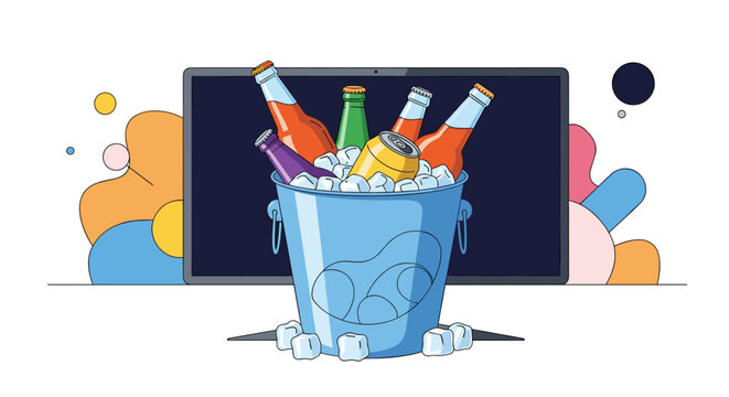 Refreshing blue ice bucket filled with various beer bottles and cans cooling down in front of a dark computer monitor or television screen.