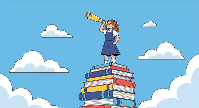 Young schoolgirl stands on top of a tall stack of books and looks through a telescope into the blue cloudy sky.