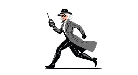 Naklejka premium Mysterious female secret agent in a grey trench coat and fedora runs with a walkie talkie in hand during a dramatic black and white mission scene.