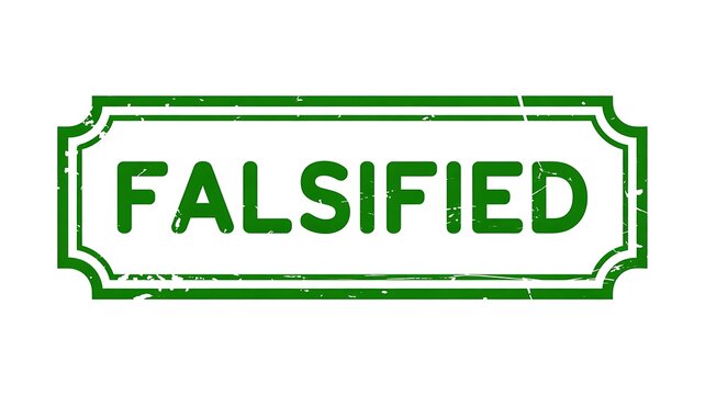 Falsified stamp label with green border isolated on white background representing fraud and fake concept