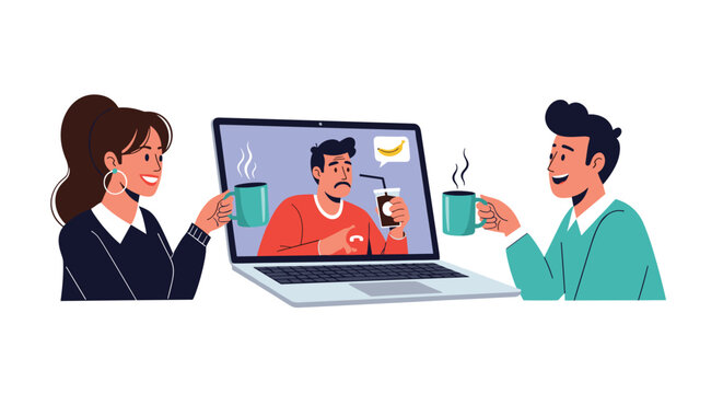 Two friends enjoy a virtual coffee date via video call on a laptop screen, connecting remotely while holding their mugs from their respective homes.