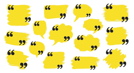Obraz premium Collection of yellow speech bubbles with quotation marks for testimonials and feedback vector graphic design
