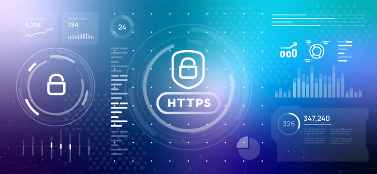 HTTPS secure internet protocol and web protection concept https icon with lock shield on blue digital dashboard with data security statistics for cybersecurity encryption and private data safety