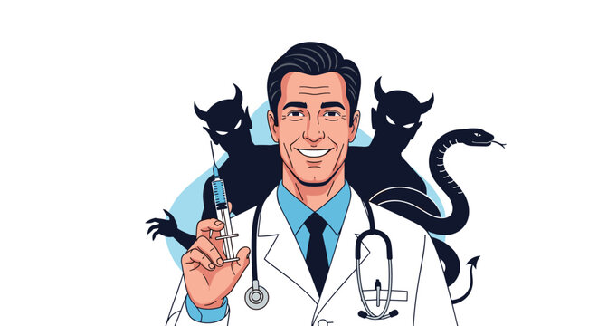 Smiling male doctor holding a syringe while dark shadows of devils and a snake loom behind him in conceptual vector illustration of medical distrust.