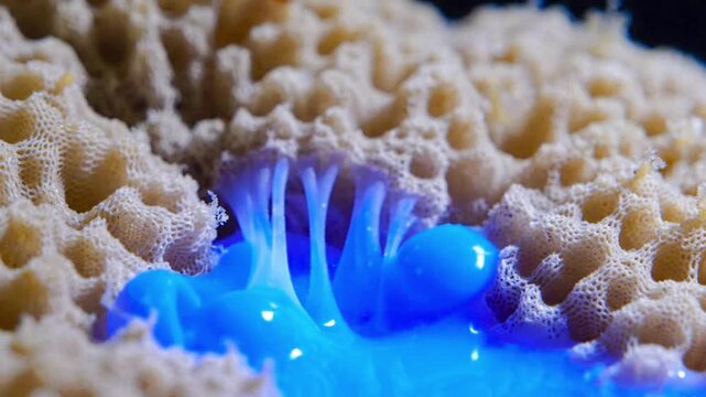 Close up of sea sponge pulsating with blue light.