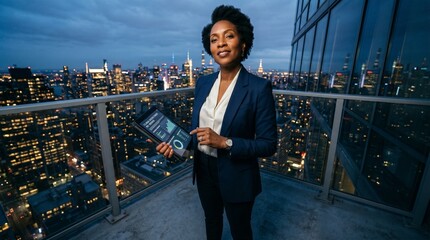 Fototapeta premium A confident businesswoman standing on a rooftop overlooking a vibrant cityscape at dusk