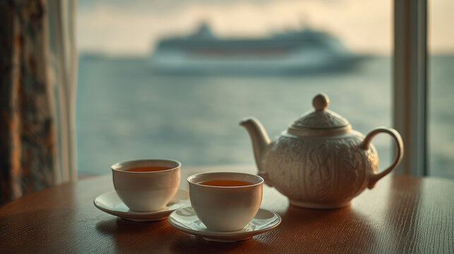A realistic and atmosphere photo, no people, just clean white cups of tea and white teapot.