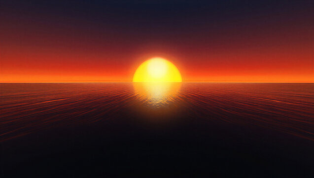Bright yellow sun sinking below the ocean horizon casting golden reflections with golden hour