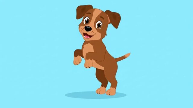 Happy Cartoon Puppy Jumping and Wagging Tail Animation on Blue Background