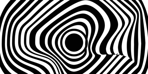 Naklejka premium Abstract hypnotic pattern with black-white striped lines. Psychedelic background. Op art, optical illusion. Modern design, graphic texture.