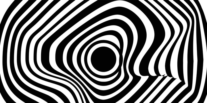 Abstract hypnotic pattern with black-white striped lines. Psychedelic background. Op art, optical illusion. Modern design, graphic texture.