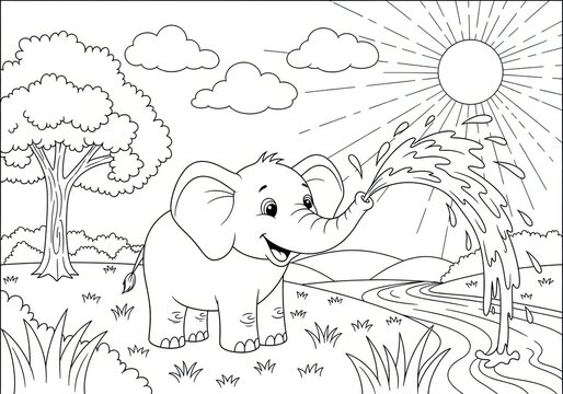 Playful cartoon elephant spraying water from its trunk in the sun