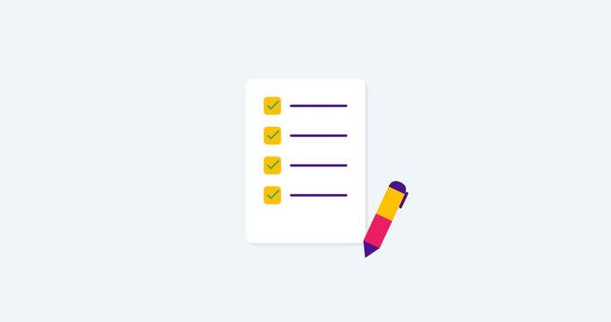 Checklist document with pen marking tasks animation, task completion and planning concept