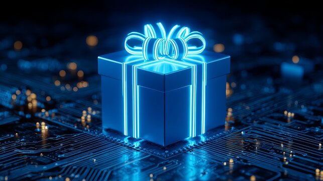 A glowing blue gift box with a neon bow sits on a computer circuit board in a dark background