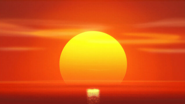 Close up view of the sun setting at the ocean's horizon with subtle sky clouds orange sky tranquil
