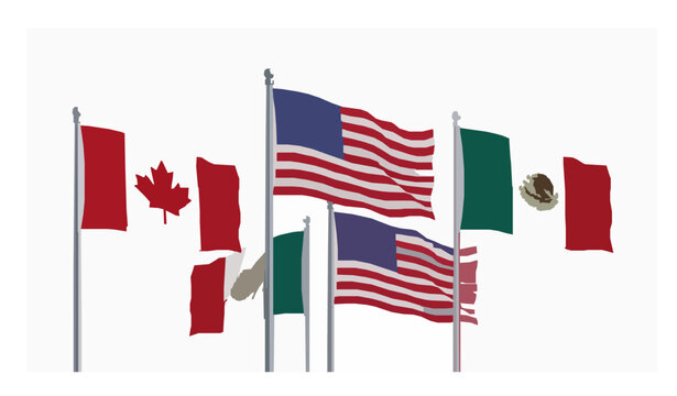 Waving Flags of Canada USA Mexico NAFTA Vector Illustration