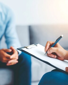 Empathy communication conflict management over shoulder view of professional taking note during discussion no faces visible quiet office setting soft lighting neutral tones
