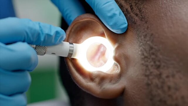 Close-up of a doctor examining the ear of a male patient using a lighted otoscope during a medical checkup