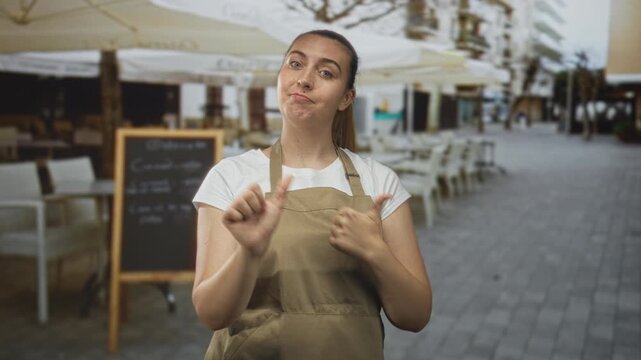 Woman in apron gestures with hands and points thumbs at a chalkboard menu outside a street cafe patio; playful communication.