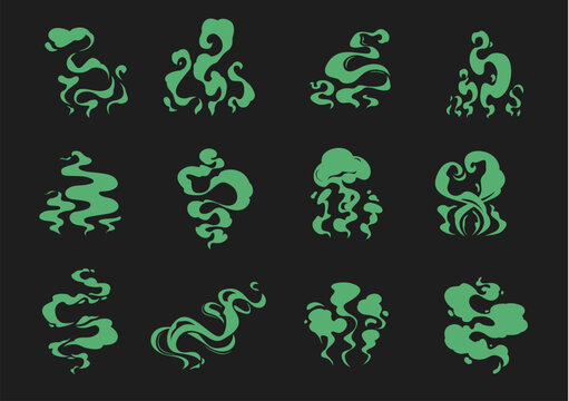 Bad green smell, fart cloud, stink and poison smoke. Poison stinky gas cartoon vector puff, stench steam burst comic effects collection. Fart bad smell cloud element or toxic green smoke shapes set
